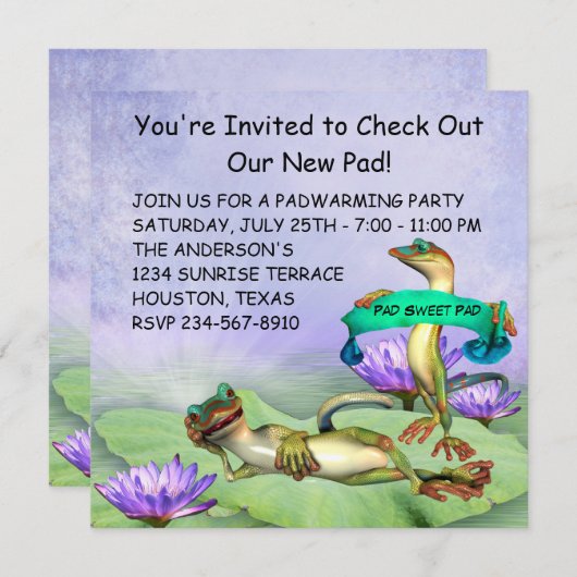 Gecko Water Lily Pad Fun Housewarming Party Einladung (Vorne/Hinten)