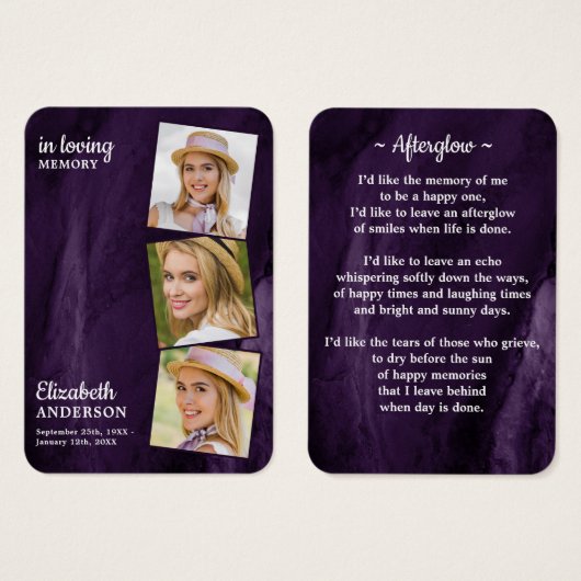 Gedächtnis 3 Foto Beerdigung Gebetskarte Lila Marm (Vorne & Hinten)