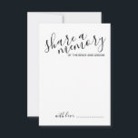 'Gedächtnis teilen' Moderne Skripthochzeit Hinweiskarte<br><div class="desc">Fügen Sie Ihrer Hochzeit eine persönliche Touch mit einem modernen Skript Hochzeitsratschlag und Wunschkarte hinzu. Diese Karte enthält den Titel "gemeinsame Erinnerung" in der modernen schwarzen Kalligraphie Schriftart Stil und Details in schwarz modernen Sans Serif Schriftart Stil auf weißem Hintergrund.</div>
