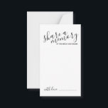 'Gedächtnis teilen' Moderne Skripthochzeit Hinweiskarte<br><div class="desc">Fügen Sie Ihrer Hochzeit eine persönliche Touch mit einem modernen Skript Hochzeitsratschlag und Wunschkarte hinzu. Diese Karte enthält den Titel "gemeinsame Erinnerung" in der modernen schwarzen Kalligraphie Schriftart Stil und Details in schwarz modernen Sans Serif Schriftart Stil auf weißem Hintergrund.</div>