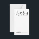 'Gedächtnis teilen' Moderne Skripthochzeit Hinweiskarte<br><div class="desc">Fügen Sie Ihrer Hochzeit eine persönliche Touch mit einem modernen Skript Hochzeitsratschlag und Wunschkarte hinzu. Diese Karte enthält den Titel "gemeinsame Erinnerung" in der modernen schwarzen Kalligraphie Schriftart Stil und Details in schwarz modernen Sans Serif Schriftart Stil auf weißem Hintergrund.</div>