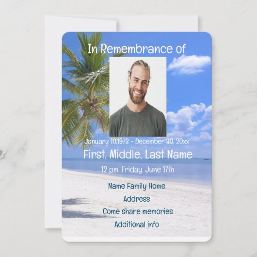 Gedächtnisdienst lädt tropisches Strandparadies ei Einladung (Vorderseite)