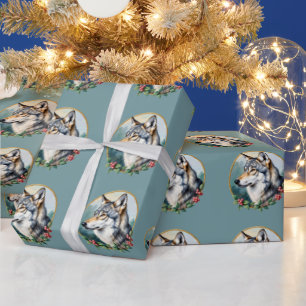 Gedämpfte blaue Volkskunst-Wolf-Geschenkpapierroll Geschenkpapier