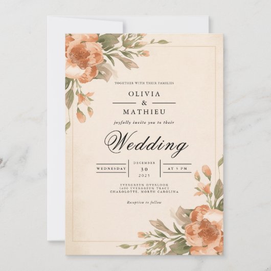 Gedämpfte Blütenbogen-Hochzeit mit florierendem De Einladung (Vorderseite)