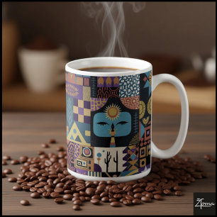 Gedämpfte erdige Folk-Art-Patchworkdecke Kaffeetasse