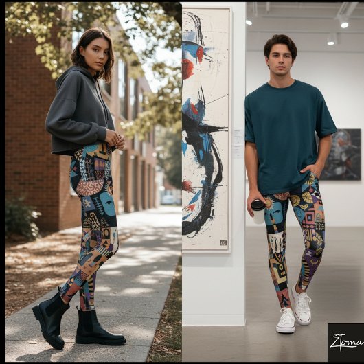 Gedämpfte erdige Folk-Art-Patchworkdecke Leggings