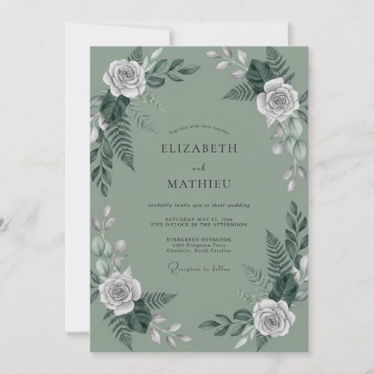 Gedämpfte Oliven-Farn-Hochzeit Einladung (Vorderseite)