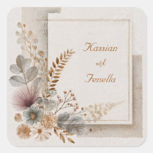 Gedämpfte Taupe Terrakotta Botanische Hochzeit Quadratischer Aufkleber