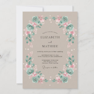 Gedämpfte Teal-Erdene Hochzeit im Vintage-Stil Einladung
