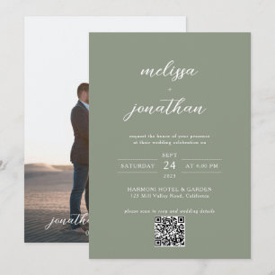 Gedämpfter Salbeigrüner Schriftzug Foto QR-Code Ho Einladung