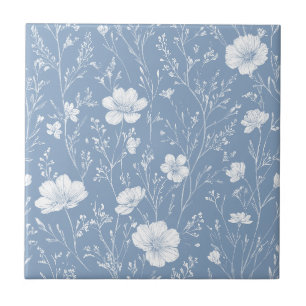 Gedämpftes Blau-Weiß-Wildblumenmuster Fliese