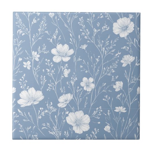 Gedämpftes Blau-Weiß-Wildblumenmuster Fliese (Vorderseite)