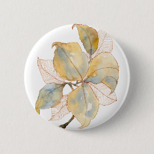 Gedämpftes Gold Blau Wasserfarbe Botanische Blätte Button