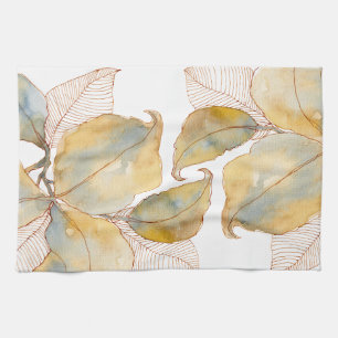Gedämpftes Gold Blau Wasserfarbe Botanische Blätte Geschirrtuch