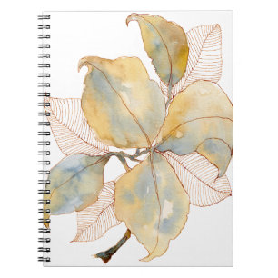 Gedämpftes Gold Blau Wasserfarbe Botanische Blätte Notizblock
