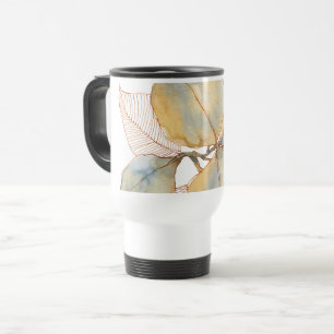 Gedämpftes Gold Blau Wasserfarbe Botanische Blätte Reisebecher