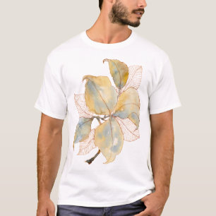 Gedämpftes Gold Blau Wasserfarbe Botanische Blätte T-Shirt