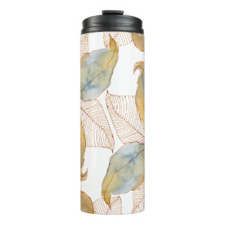 Gedämpftes Gold Blau Wasserfarbe Botanische Blätte Thermosbecher