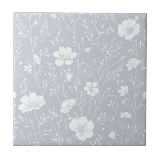 Gedämpftes Grau-Weiß-Wildblumenmuster Fliese (Vorderseite)
