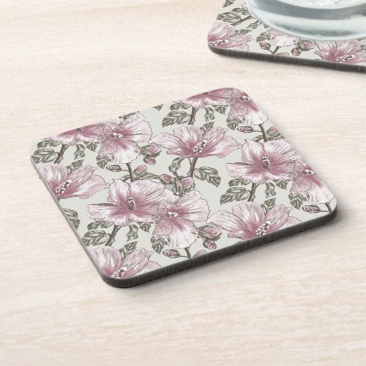 Gedämpftes rosa Hibiskus-Blumen-Muster Getränkeuntersetzer (Linke Seite)