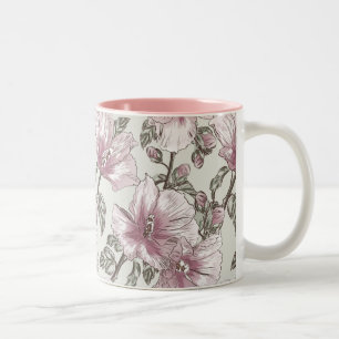 Gedämpftes rosa Hibiskus-Blumen-Muster Zweifarbige Tasse