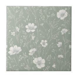 Gedämpftes Salbeigrün und weißes Wildblumenmuster Fliese