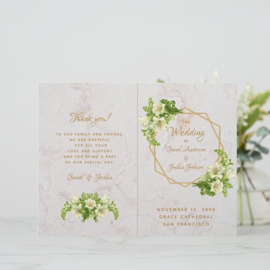 Gedecktes Hochzeitsprogramm - Marble Gold White Li (Stehend Vorderseite)