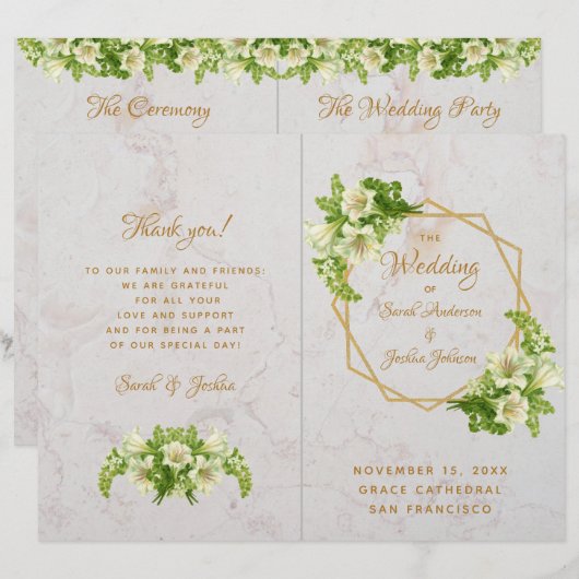 Gedecktes Hochzeitsprogramm - Marble Gold White Li (Vorne/Hinten)