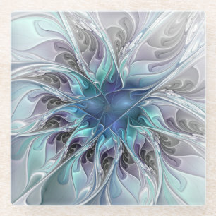 Gedeihende abstrakte moderne fraktale Blume mit Bl Glasuntersetzer