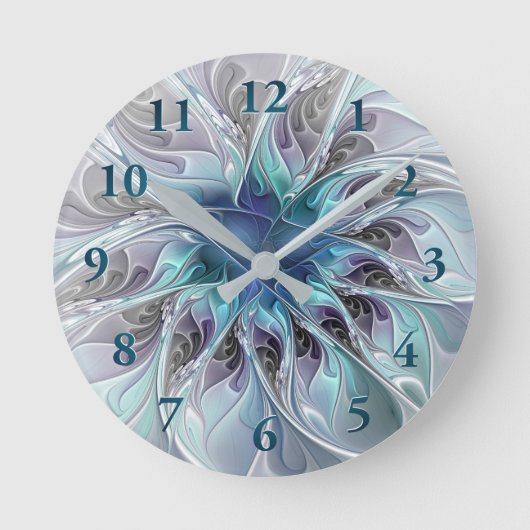 Gedeihende abstrakte moderne fraktale Blume mit Bl Runde Wanduhr (Vorderseite)