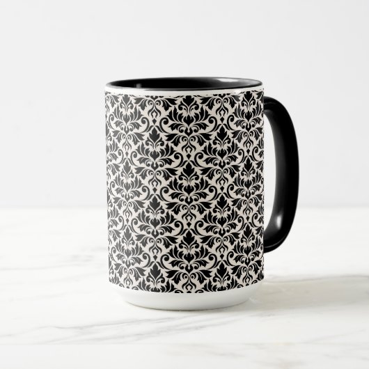 Gedeihendes Damastmuster Schwarz auf Creme Tasse (VorderseiteRechts)
