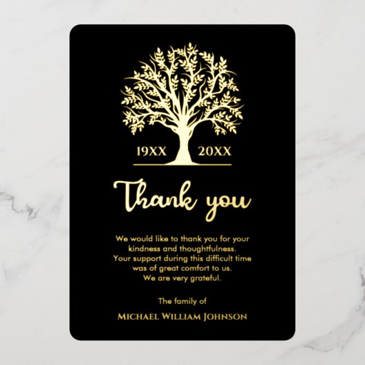 Gedenkbaum des Lebens Schwarz und Gold Folieneinladung (Vorderseite)