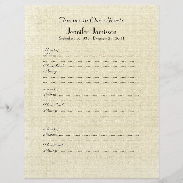 Gedenkbuchseite, beschädigtes Cremepapier (Vorderseite)