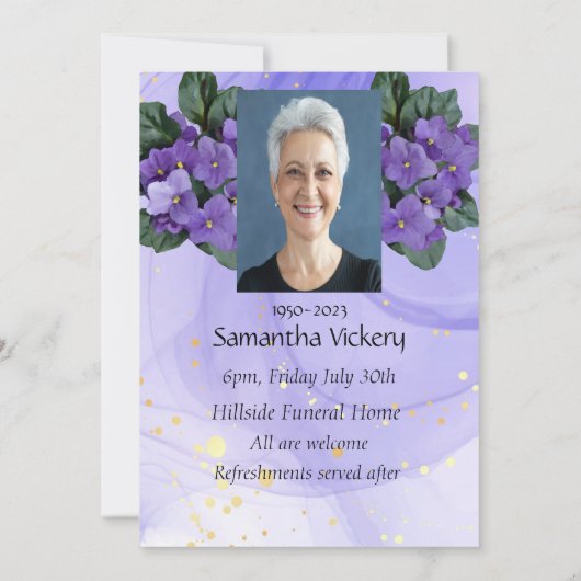 Gedenkdienst lädt afrikanische Violette Lila ein Einladung (Rückseite)