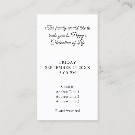 Gedenken an Poppy Sky Blue Beerdigung Zeremonie Ka Visitenkarte (Rückseite)