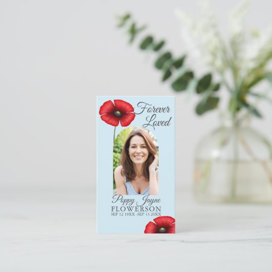 Gedenken an Poppy Sky Blue Beerdigung Zeremonie Ka Visitenkarte (Stehend Vorderseite)
