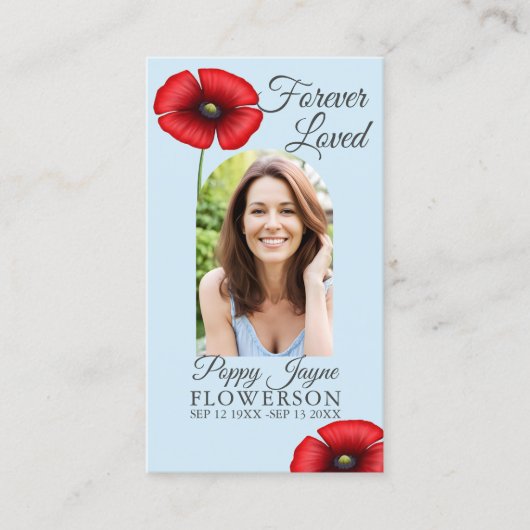 Gedenken an Poppy Sky Blue Beerdigung Zeremonie Ka Visitenkarte (Vorderseite)