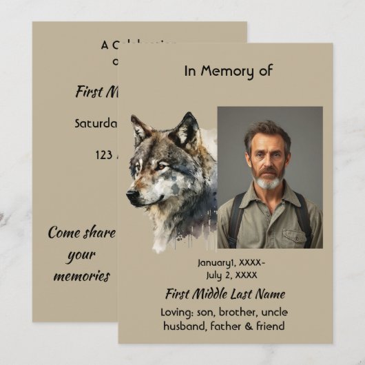 Gedenkfeier des Lebens Wolf Art Einladung (Vorne/Hinten)