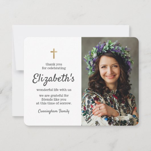 Gedenkfeier Einfaches Gold-Kreuz-Foto Dankeskarte (Vorderseite)