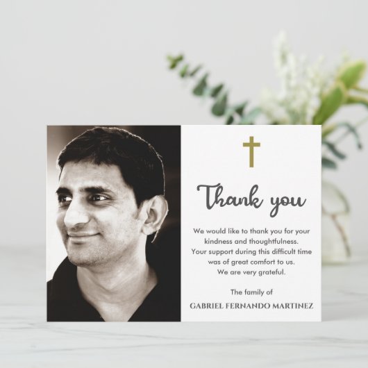 Gedenkfeier Foto Religiöses Christliches Kreuz Dankeskarte (Stehend Vorderseite)