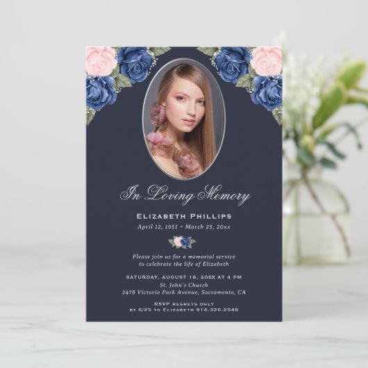 Gedenkfeier für Blaues Foto Beerdigung Einladung (Stehend Vorderseite)