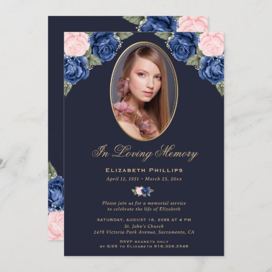 Gedenkfeier für das blaurosa Foto Einladung (Vorne/Hinten)