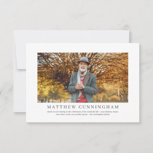 Gedenkfeier für ihn | Elegantes modernes Foto Dankeskarte (Vorderseite)