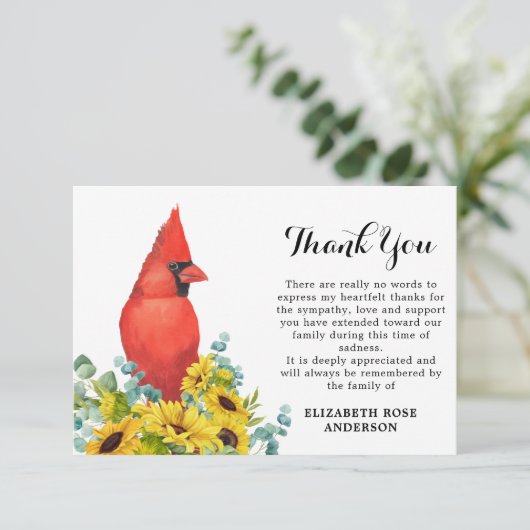 Gedenkfeier Kardinal Sonnenblumen Beileid Beerdigu Dankeskarte (Stehend Vorderseite)