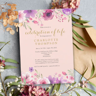 Gedenkfeier Rosa Gold Blumen Trauerfeier Einladung