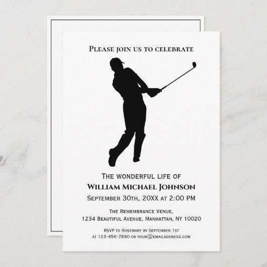 Gedenkfeier Schwarz-Weiß-Golf-Player Einladung (Vorne/Hinten)