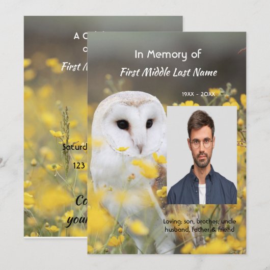Gedenkfeier-Service-Foto Scheune Eule Vogel Einladung (Vorne/Hinten)
