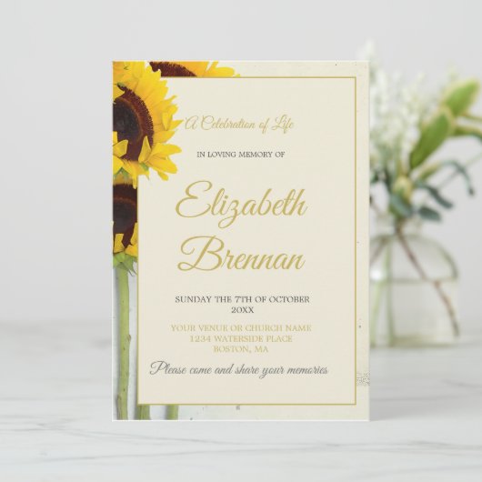 Gedenkfeier Sonnenblumen Feier des Lebens Einladung (Stehend Vorderseite)