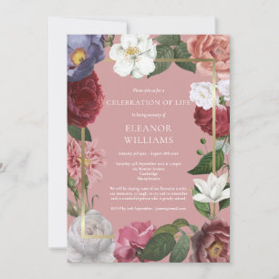 Gedenkfeier Trauerfeier Rosa Rose Floral Gold Einladung