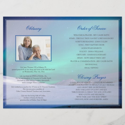 Gedenkfeierprogramm Aurora Beerdigung Flyer (Hinten)